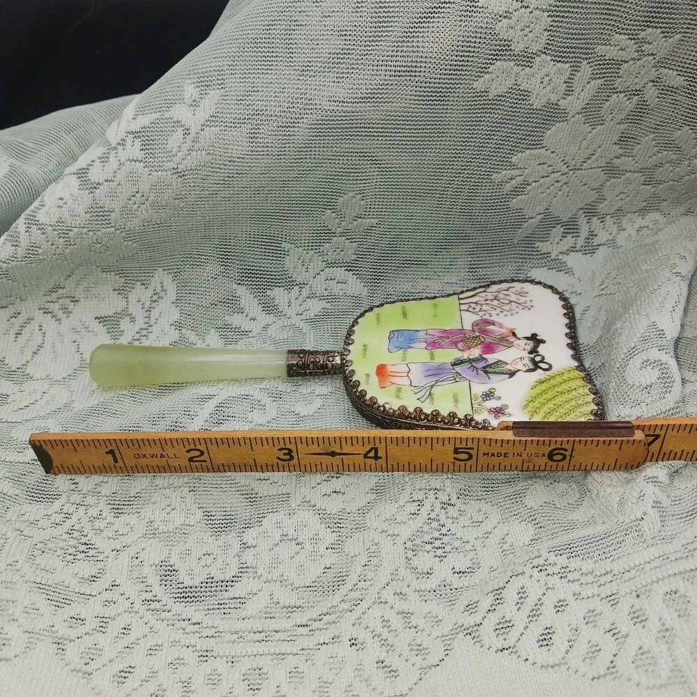 Chinese Handheld Jade Handle Mirror Antique 1920s Porcelain with metal repoussé